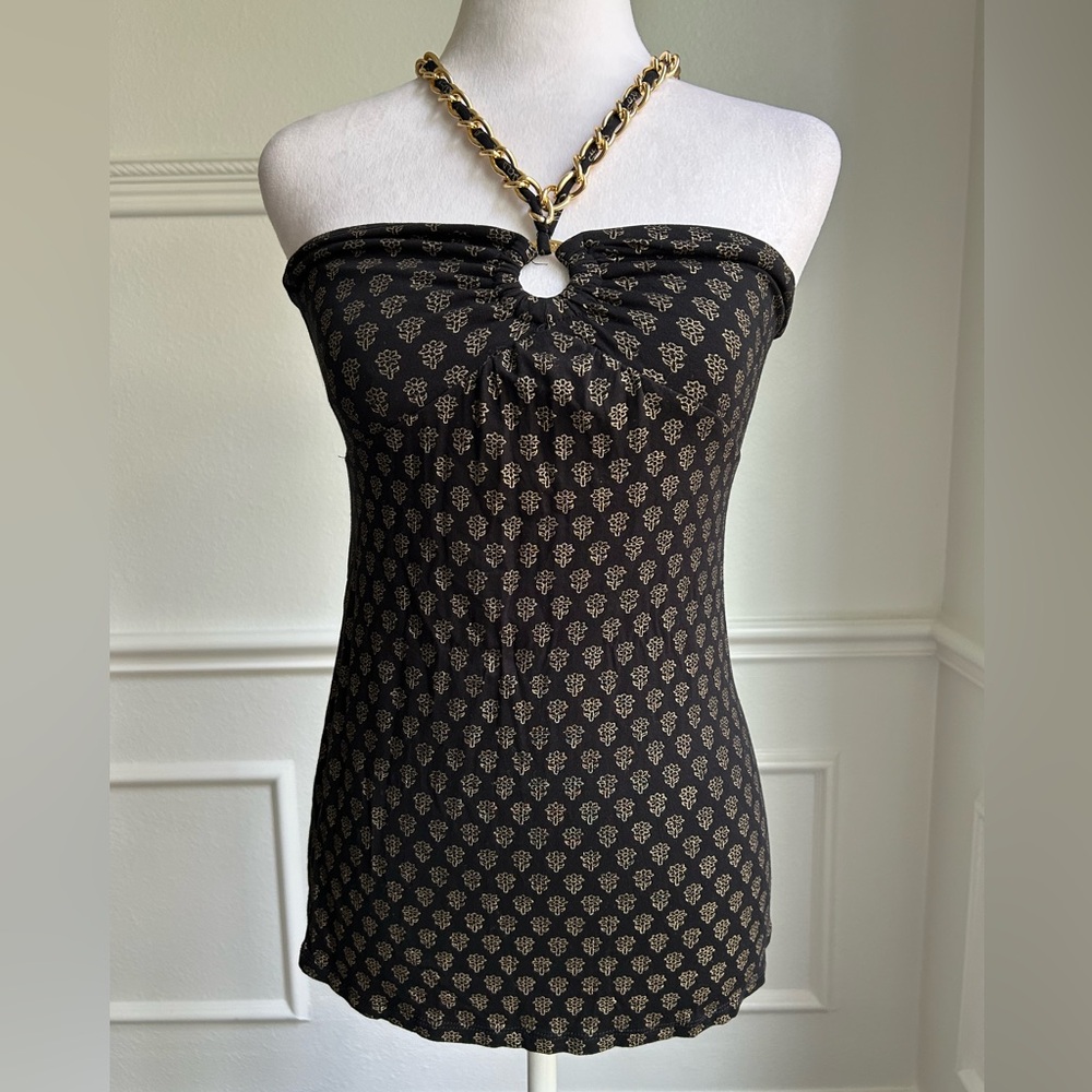 Michael Kors Patterned Logo Black and Gold Strapless Top, XS